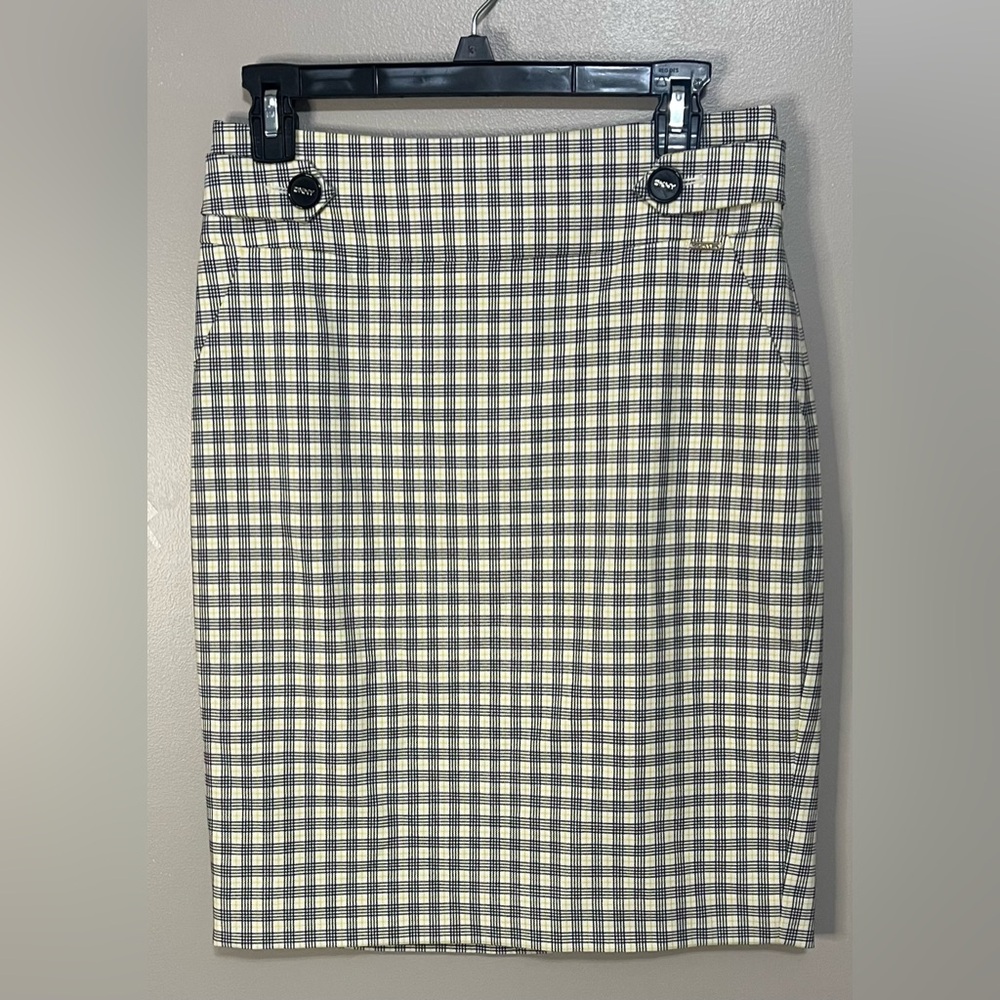 DKNY Yellow Black and White Plaid Mini Skirt Lined Back Split Size 4